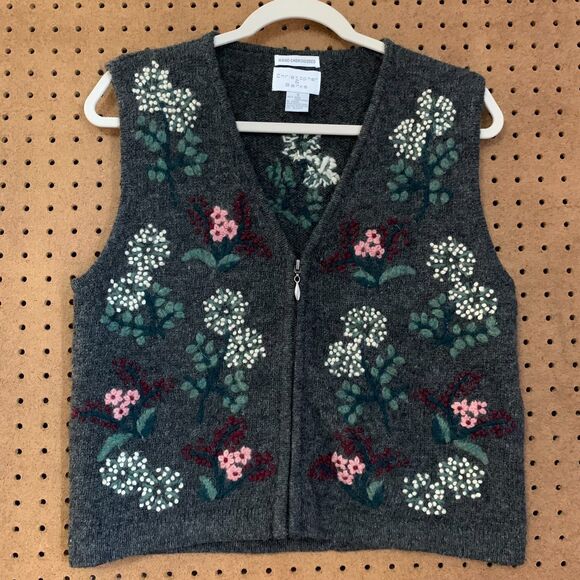 Vintage Christopher & Banks Sweater Vest Embroidered Wool Small Cottage Granny - Picture 1 of 4